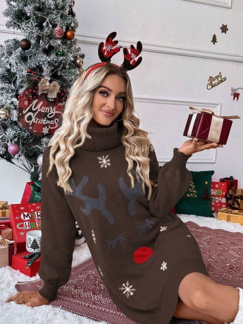 EMERY ROSE Oversized Casual Midi Sweater Dress,Funky Reindeer Pattern,Cozy